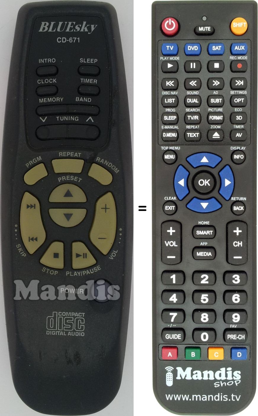 Replacement remote control Bluesky CD-671