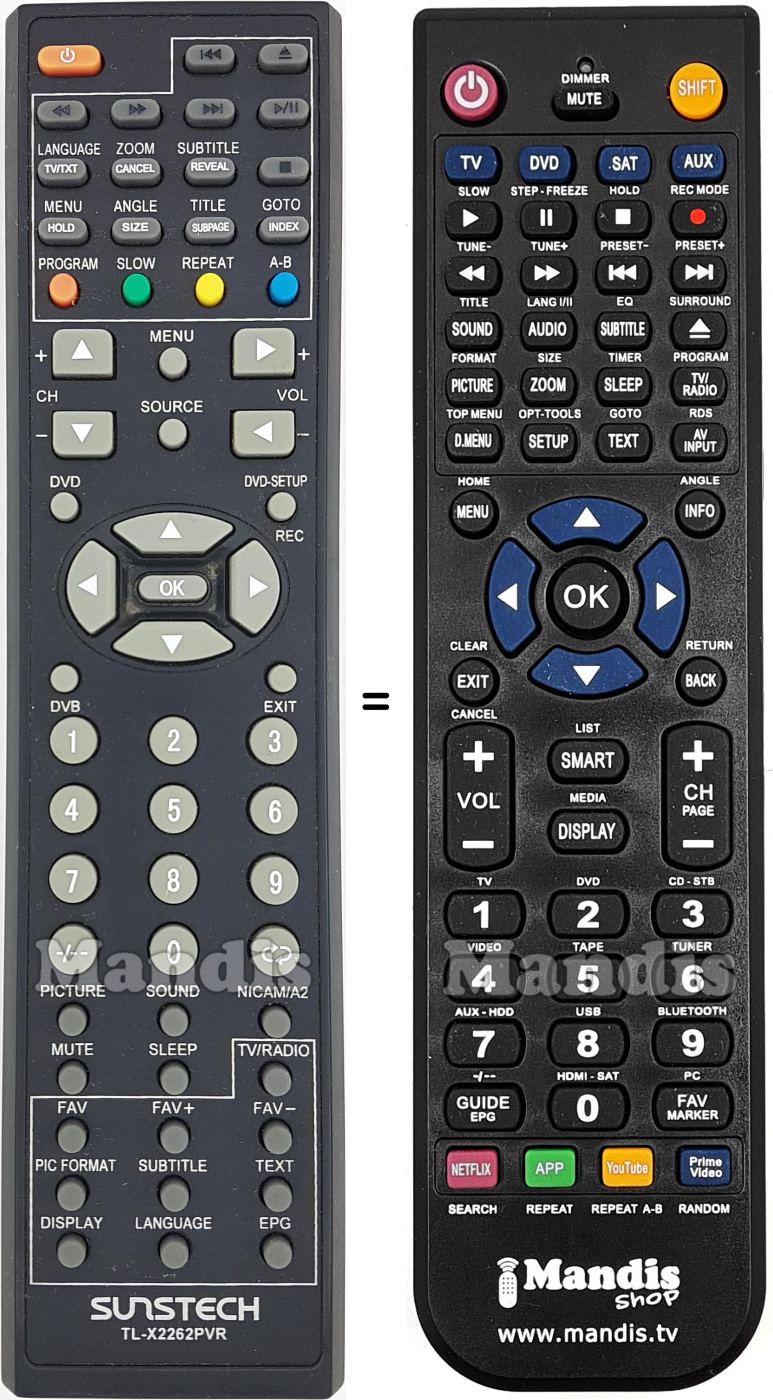 Replacement remote control TL-X2262PVR